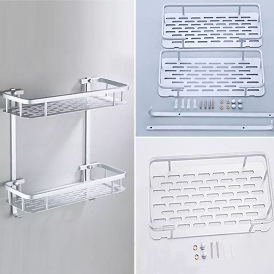 Aluminum Wall Mounted 2 Layer Shelf, Aluminum Rectangular Rack Storage Organizer, Kitchen Home Balcony Hanging Storage Rack, Double Shelf Storage Rack, Wall Mounted Iron Hanging Shelf, Kitchen And Bathroom Organizer Aluminum Wall Mounted 2 Layer Shelf, Aluminum Rectangular Rack Storage Organizer, Kitchen Home Balcony Hanging Storage Rack, Double Shelf Storage Rack, Wall Mounted Iron Hanging Shelf, Kitchen And Bathroom Organizer